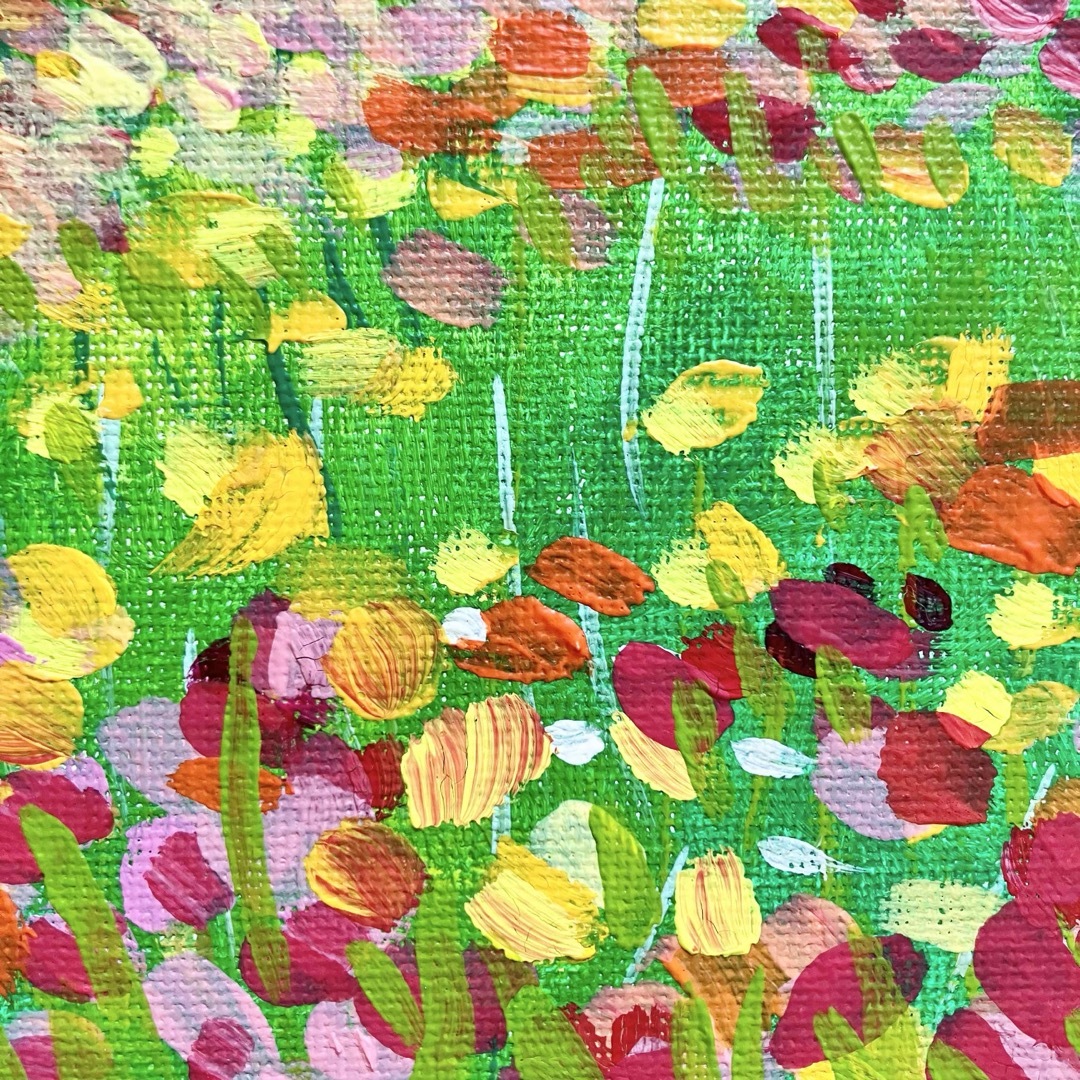 春の野＊絵画　原画　風景画　チューリップ　たんぽぽ　ガーベラ　菜の花 エンタメ/ホビーの美術品/アンティーク(絵画/タペストリー)の商品写真