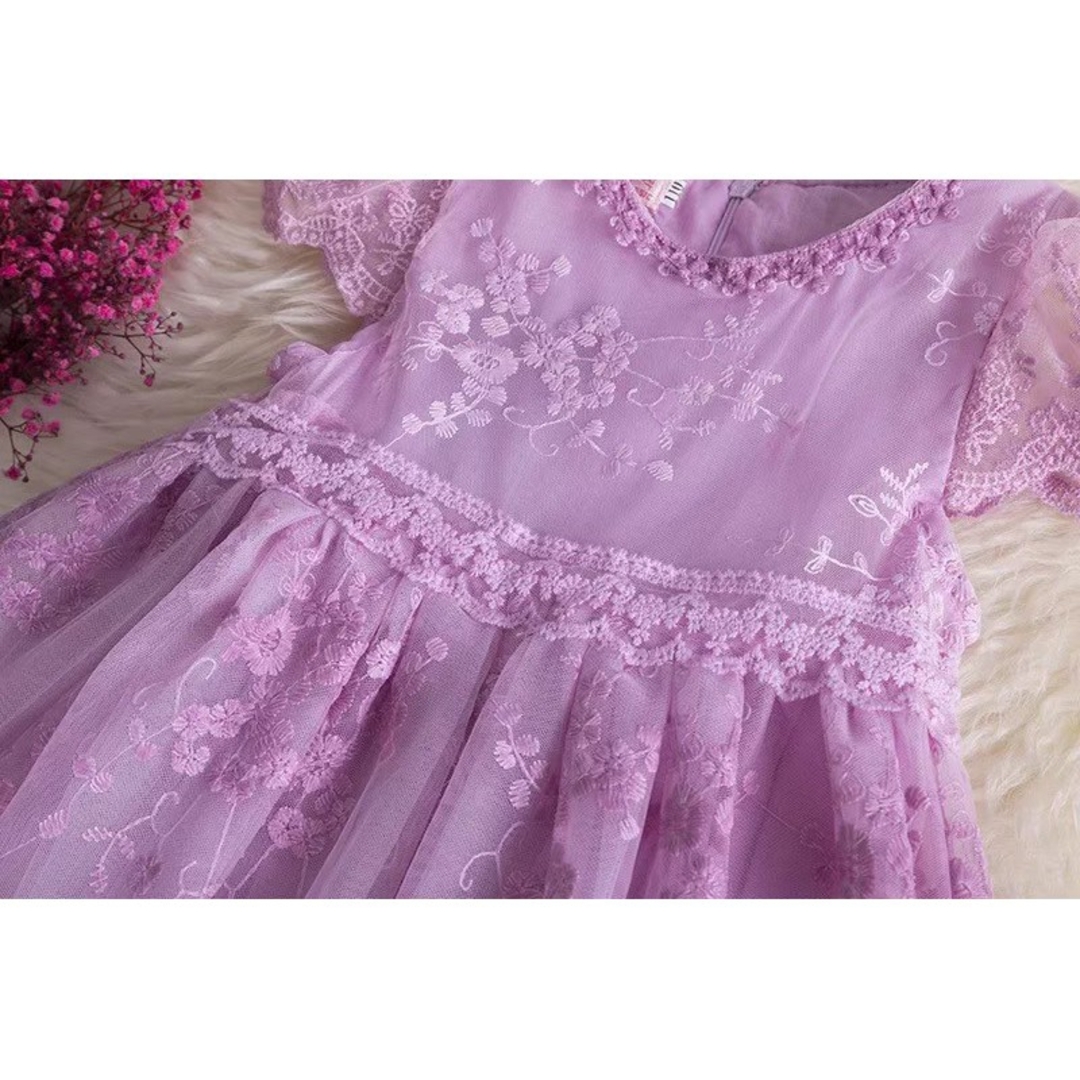 新品 100cm刺繍ドレス ワンピース紫パープル キッズ 発表会 結婚式の