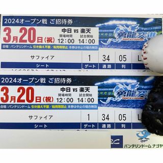 チュウニチドラゴンズ(中日ドラゴンズ)の3/20祝水曜　中日vs楽天　オープン戦　三塁側内野S席　5列目通路から2席(野球)