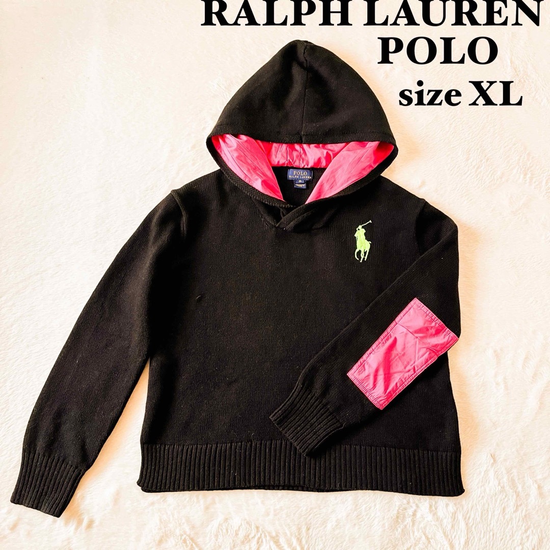 POLO RALPH LAUREN(ポロラルフローレン)の【美品】ポロラルフローレン　女の子　フード付きニットセーター　ブラック　XL キッズ/ベビー/マタニティのキッズ服女の子用(90cm~)(ニット)の商品写真