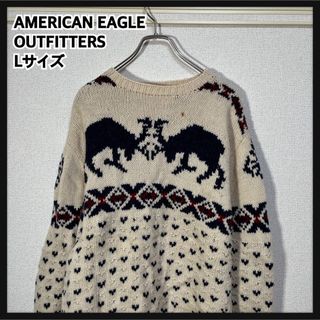 アメリカンイーグル(American Eagle)の【アメリカンイーグル】ニットセーター　アニマルトナカイ　幾何学総柄ベージュF7(ニット/セーター)