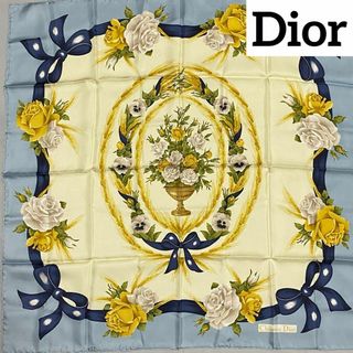 クリスチャンディオール(Christian Dior)の美品 ★Dior★ スカーフ 大判 花 バラ 麦 リボン シルク ペールブルー(バンダナ/スカーフ)