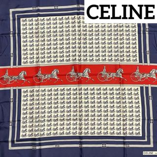 セリーヌ(celine)の★CELINE★ スカーフ 大判 馬車 シルク ネイビー ホワイト レッド(バンダナ/スカーフ)