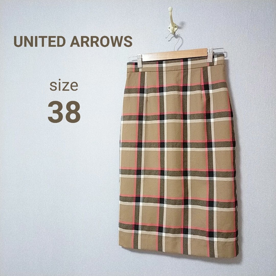 UNITED ARROWS(ユナイテッドアローズ)のユナイテッドアローズ　チェックタイトスカート　トラッド　通勤　オフィス　M　茶色 レディースのスカート(ひざ丈スカート)の商品写真