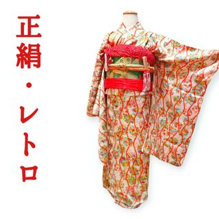 7歳　レトロ正絹白立涌花丸　七五三　お着物フルセット　アンティーク(和服/着物)