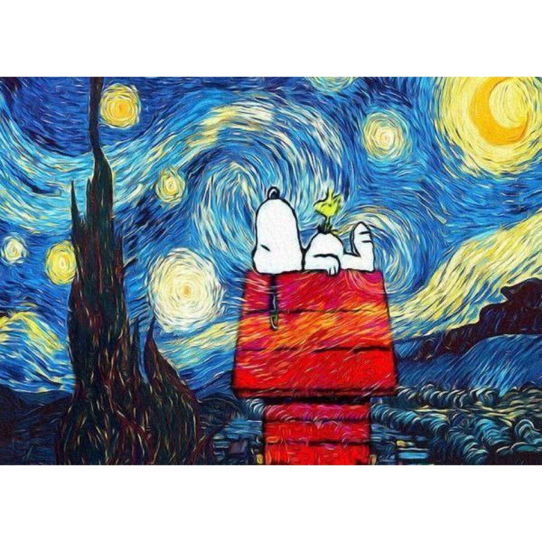 新品 ゴッホ 星月夜 スヌーピー SNOOPY 屋根 アート コラージュ ロンT