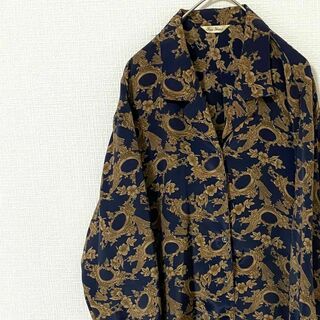 ナチュラルヴィンテージ(natuRAL vintage)のオープンカラーシャツ 長袖 太アーム 紋様柄 ボタニカル ヴィンテージ M(シャツ)