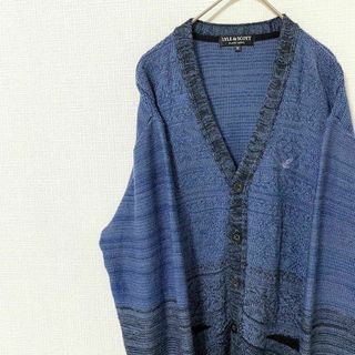 ナチュラルヴィンテージ(natuRAL vintage)のカーディガン 刺繍ロゴ グラデーション M ウール ネイビー ヴィンテージ 古着(カーディガン)