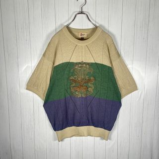 ヴィンテージ(VINTAGE)の[古着]ビンテージ　半袖　サマーニット　スエード刺繍　鳥　ベージュ　緑　紫(Tシャツ/カットソー(半袖/袖なし))