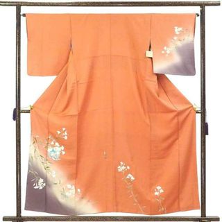 訪問着 着物 身丈158cm 裄65cm 前幅24cm 後幅30cm 袖丈49cm 袖幅33cm レディース 袷 花柄 裄Mサイズ 秋冬春用 正絹（シルク）オレンジ地 美品 リサイクル リメイク リユース【中古】(着物)