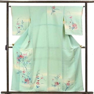 訪問着 着物 身丈160cm 裄65cm 前幅25cm 後幅30cm 袖丈54cm 袖幅32.5cm レディース 袷 花柄 裄Mサイズ 秋冬春用 正絹（シルク）ブルー地 難有り リサイクル リメイク リユース【中古】(着物)