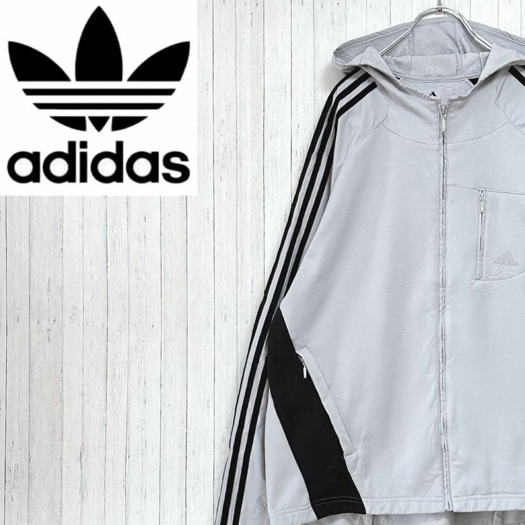 adidas(アディダス)のアディダス　ジップアップジャケット　パーカー　スリーライン　グレー　裏起毛　M. メンズのジャケット/アウター(ブルゾン)の商品写真