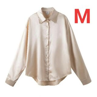 【新品／送料込】レディース 長袖 サテンブラウス 光沢ブラウス ベージュ M(シャツ/ブラウス(長袖/七分))