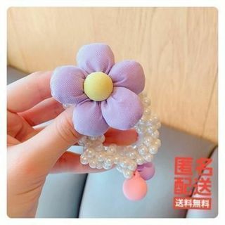 ◎パープル　フラワー　ビジュー　ヘア　アクセサリー　ゴム　髪留め　シュシュ　 花(ヘアゴム/シュシュ)