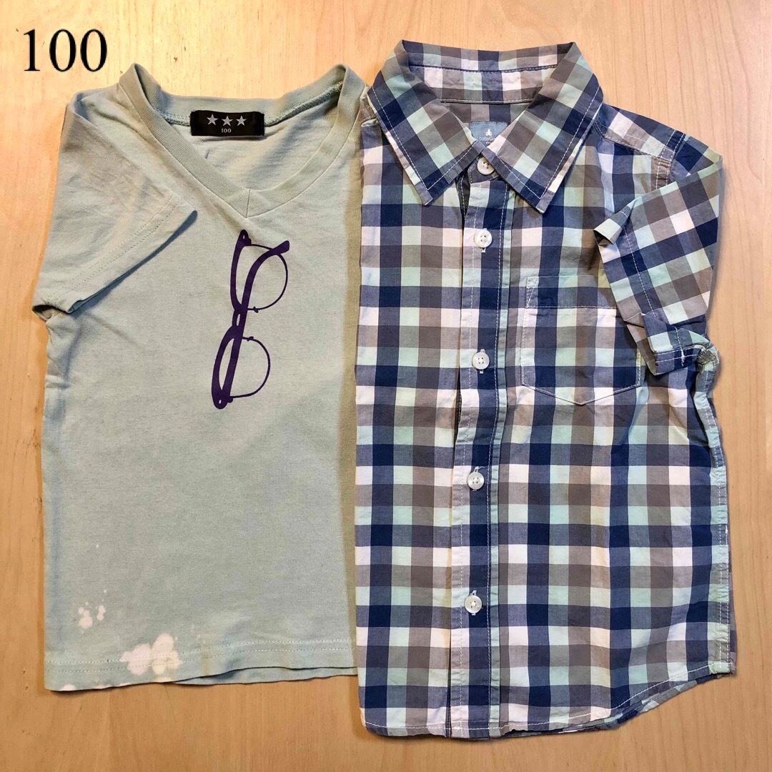 babyGAP(ベビーギャップ)のミント100cm2枚セット★半袖 メガネTシャツ＆baby GAPチェックシャツ キッズ/ベビー/マタニティのキッズ服男の子用(90cm~)(Tシャツ/カットソー)の商品写真