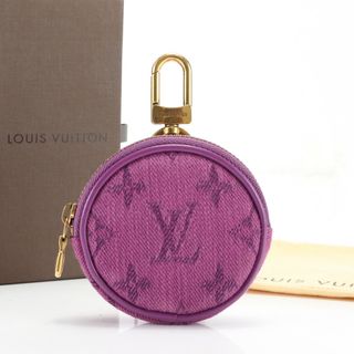 ルイヴィトン(LOUIS VUITTON)の美品 ルイヴィトン モノグラム デニム ラウンド ポーチ コインケース キーリング M68291 ゴールド 金具 レザー レディース EEE O2-6(コインケース)