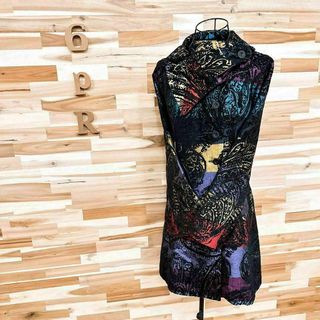 デシグアル(DESIGUAL)の稀少【デシグアル】光沢感 ジャガード織 総柄 コート 秋冬 M相当 黒×カラフル(その他)