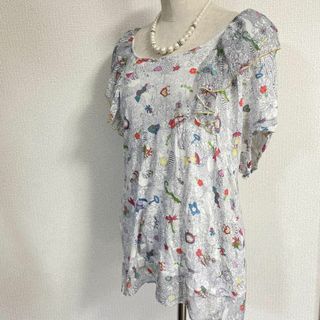 ツモリチサト(TSUMORI CHISATO)のツモリチサト カットソー チュニック シルク混 フリル 総柄 マルチカラー M(Tシャツ(半袖/袖なし))