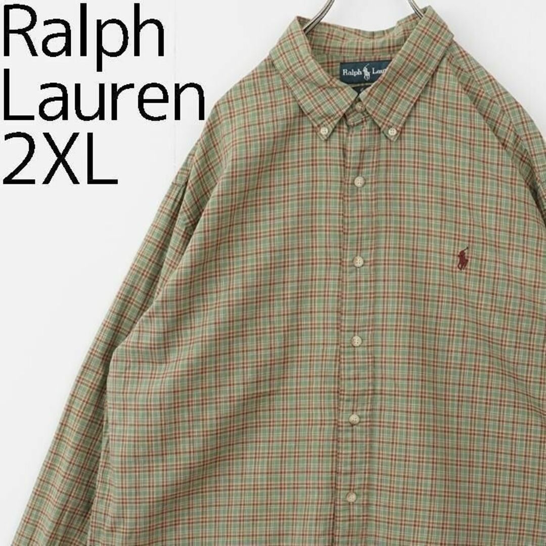 Ralph Lauren(ラルフローレン)のラルフローレン チェックシャツ 2XL グリーン 緑 茶色 白 刺繍 ポニー メンズのトップス(シャツ)の商品写真