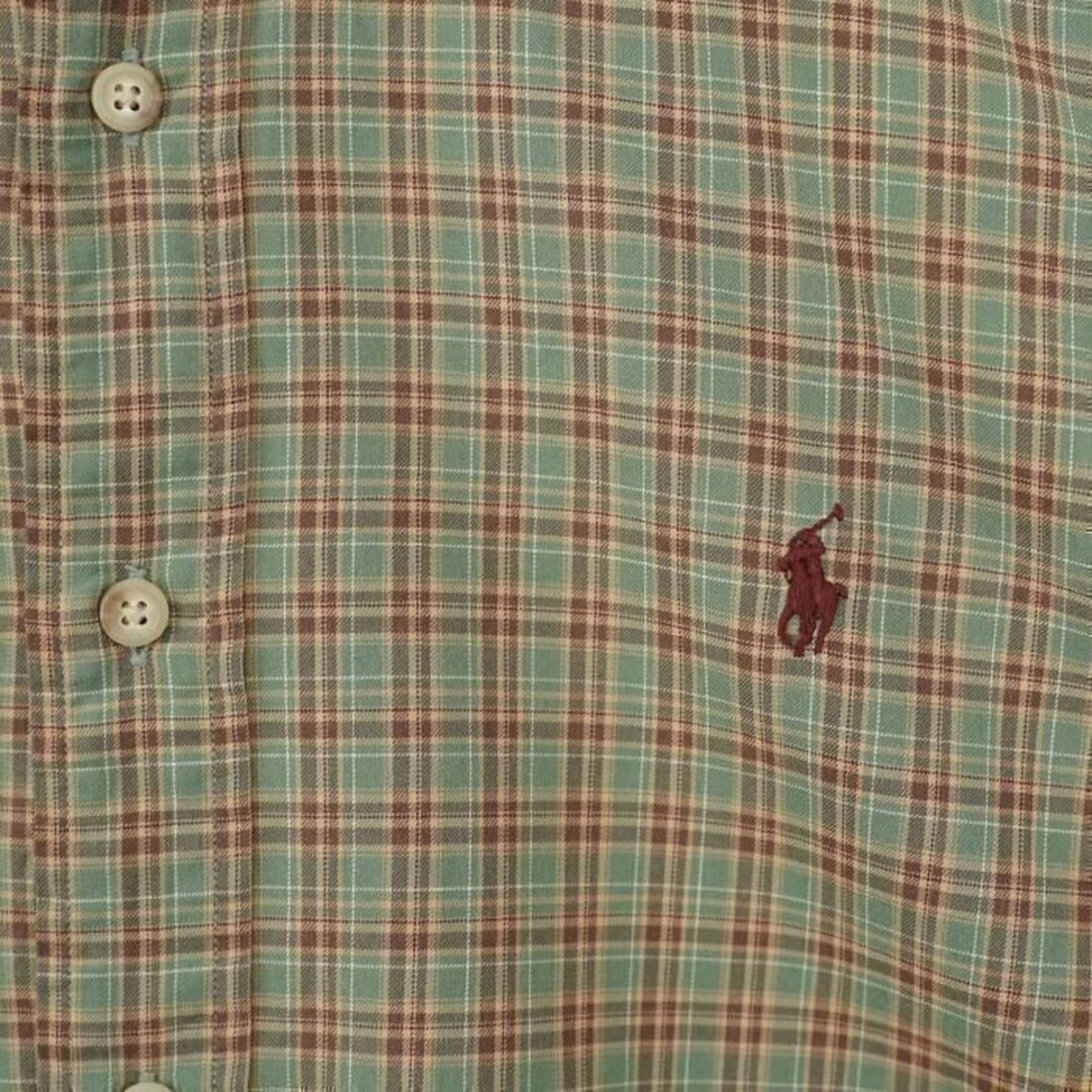 ラルフローレン チェックシャツ 2XL グリーン 緑 茶色 白 刺繍 ポニー