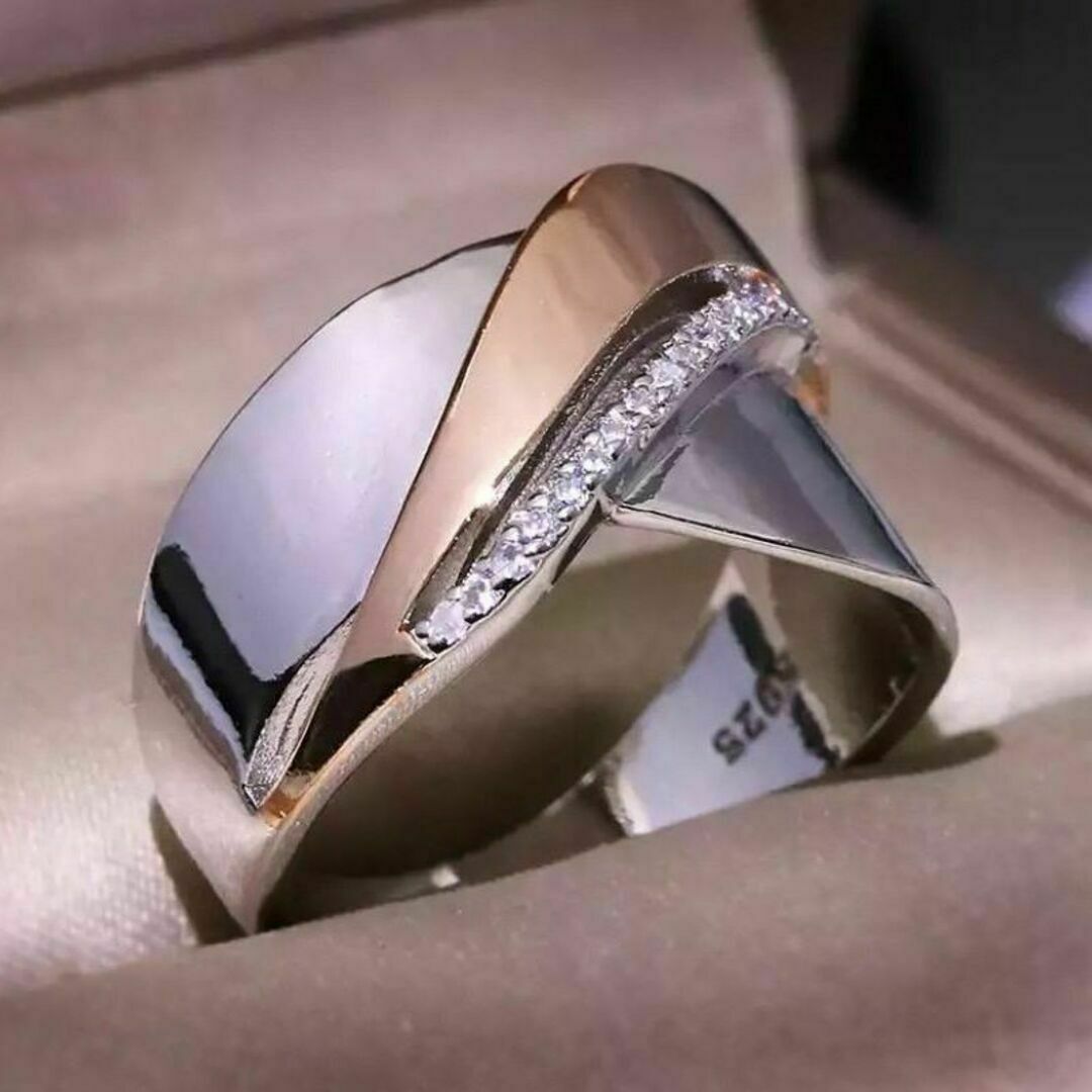 600 シルバー ツートーン リング s925 czダイヤモンド ジルコン 韓国 レディースのアクセサリー(リング(指輪))の商品写真