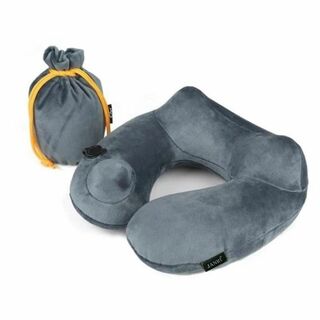 ポンプ式 ネックピロー U型 グレー 収納ポーチ付 首枕 洗える 枕 携帯枕(旅行用品)