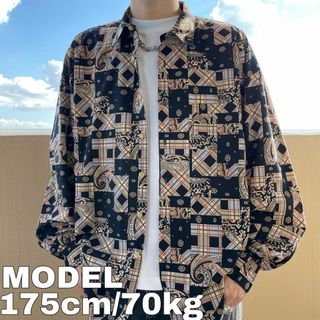 柄シャツ ペイズリー柄 総柄 ポケット 90s XL 茶色 ブラック 黒 緑(シャツ)