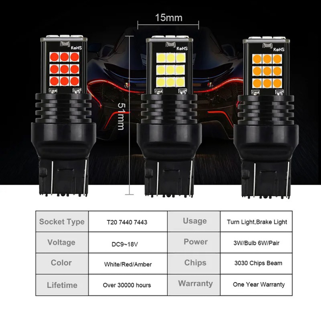 T20 7443 LED アンバー オレンジ シングル球 日本車 ウインカー 自動車/バイクの自動車(汎用パーツ)の商品写真