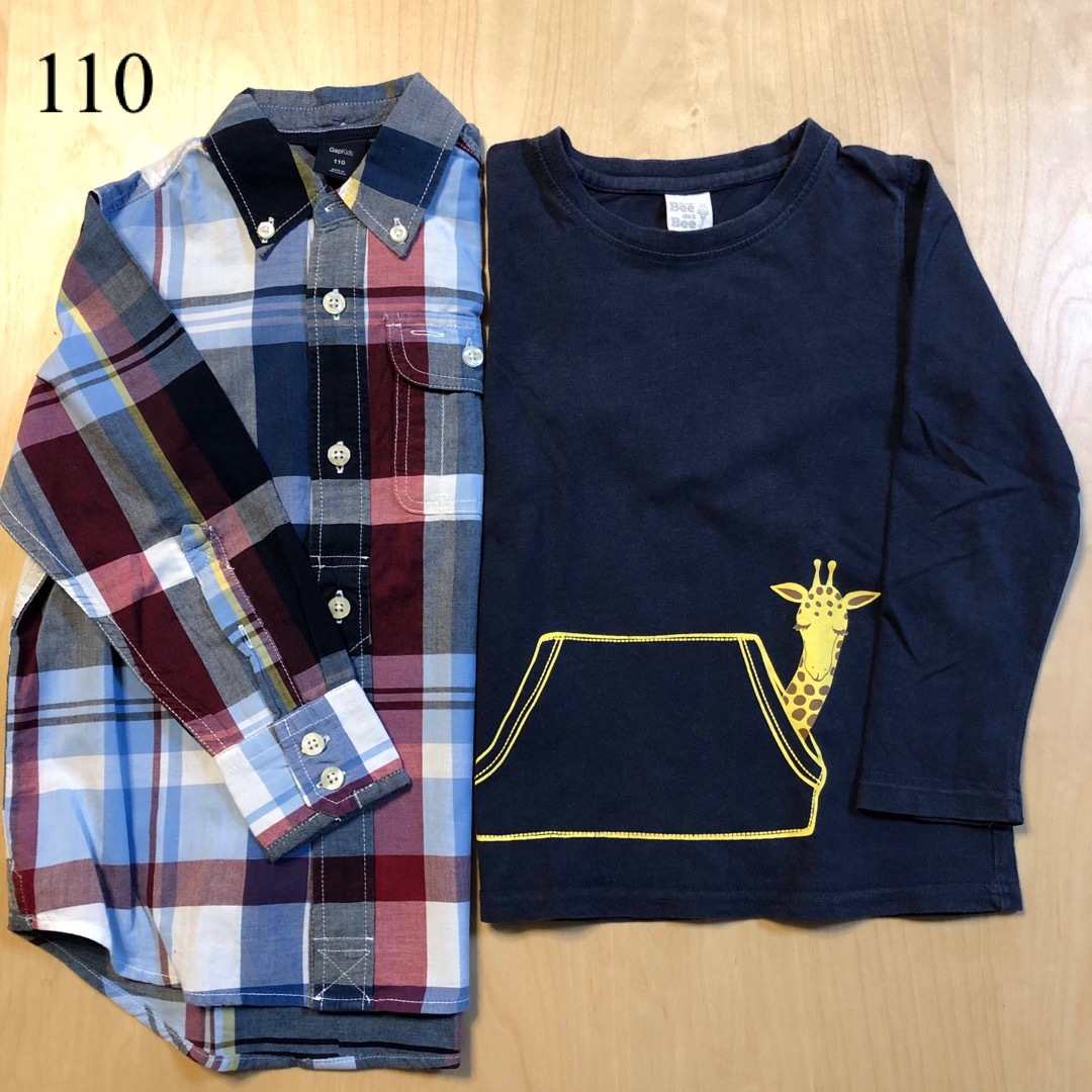 GAP Kids(ギャップキッズ)の青系110cm2枚セット★長袖GAPシャツ青チェック&BeeロンT紺キリン キッズ/ベビー/マタニティのキッズ服男の子用(90cm~)(Tシャツ/カットソー)の商品写真