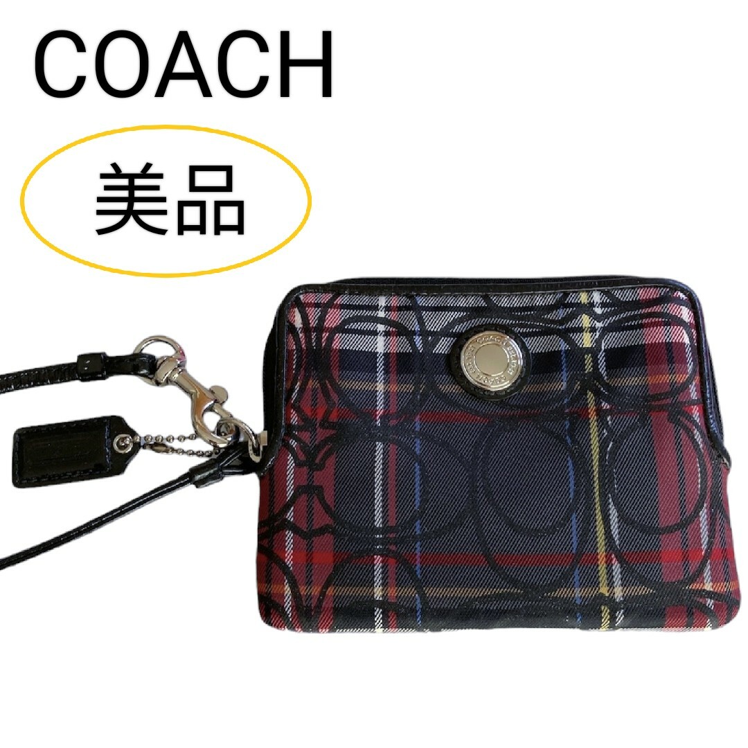 COACH(コーチ)の美品 COACH poppy シグネチャー ラメ チェック柄 ミニポーチ レディースのファッション小物(ポーチ)の商品写真