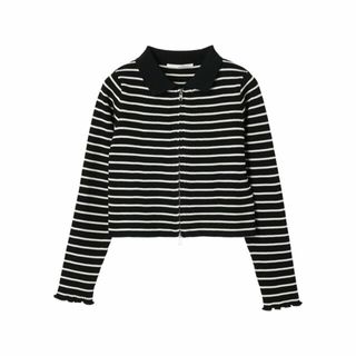 グリーンパークス(green parks)の【ブラック】ELENCARE DUE W ZIP ボーダーカーデ 24SS/襟付き/ショート丈(カーディガン)