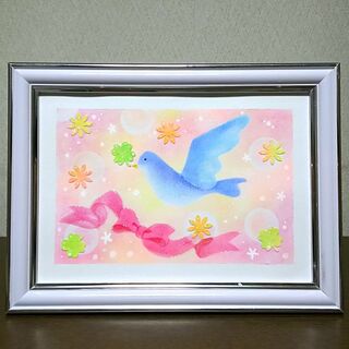 パステルアート　青い鳥の贈り物　パステル画原画　お祝　プレゼント　ギフト(絵画/タペストリー)