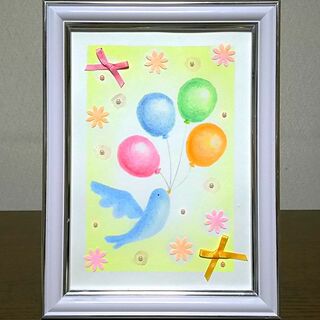 パステルアート　青い鳥と風船　パステル画原画　お祝　プレゼント　ギフト(絵画/タペストリー)