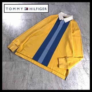トミーヒルフィガー(TOMMY HILFIGER)の00s オールドトミー ラガーシャツ ポロシャツ 長袖 黄色 ストライプ L(ポロシャツ)