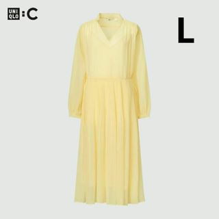 ユニクロ(UNIQLO)のシフォンプリーツワンピース　イエロー　L　ユニクロC(ロングワンピース/マキシワンピース)