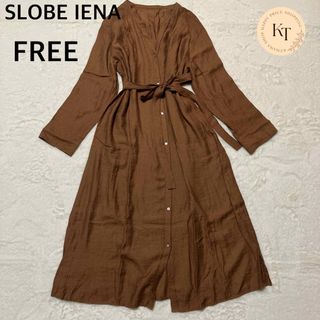 スローブイエナ(SLOBE IENA)のスローブイエナ　シャツワンピース　ロング丈　ノーカラー　ウエストリボン　リネン混(ロングワンピース/マキシワンピース)