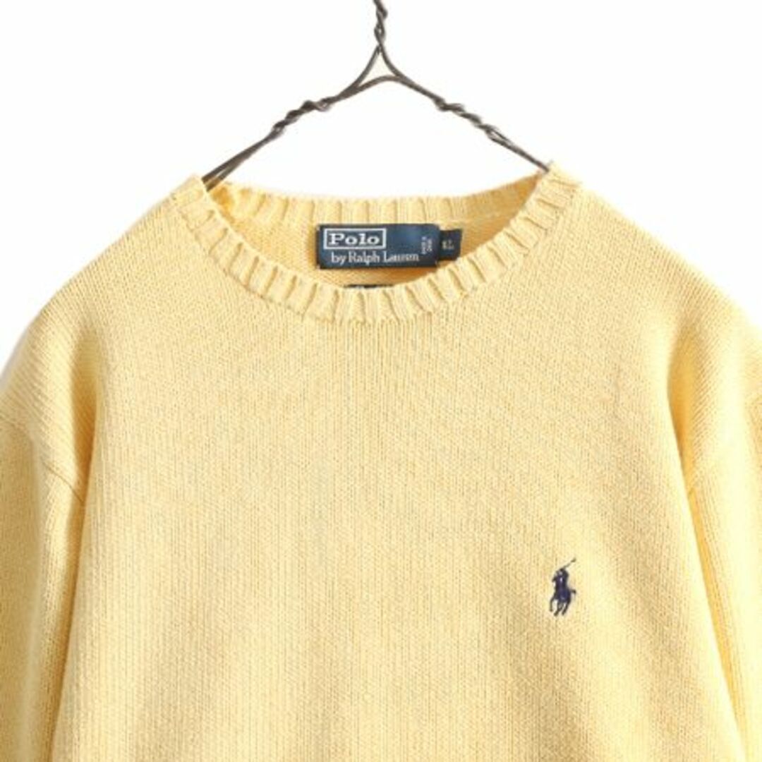 Ralph Lauren(ラルフローレン)の90s ポロ ラルフローレン コットン ニット セーター メンズ XL 古着 90年代 オールド POLO ポニー刺繍 ワンポイント 大きいサイズ イエロー メンズのトップス(ニット/セーター)の商品写真