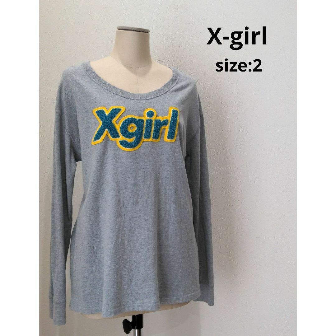 X-girl(エックスガール)のX-girl ワッペン ロゴ ロンT レディース トップス グレー 2 レディースのトップス(Tシャツ(長袖/七分))の商品写真