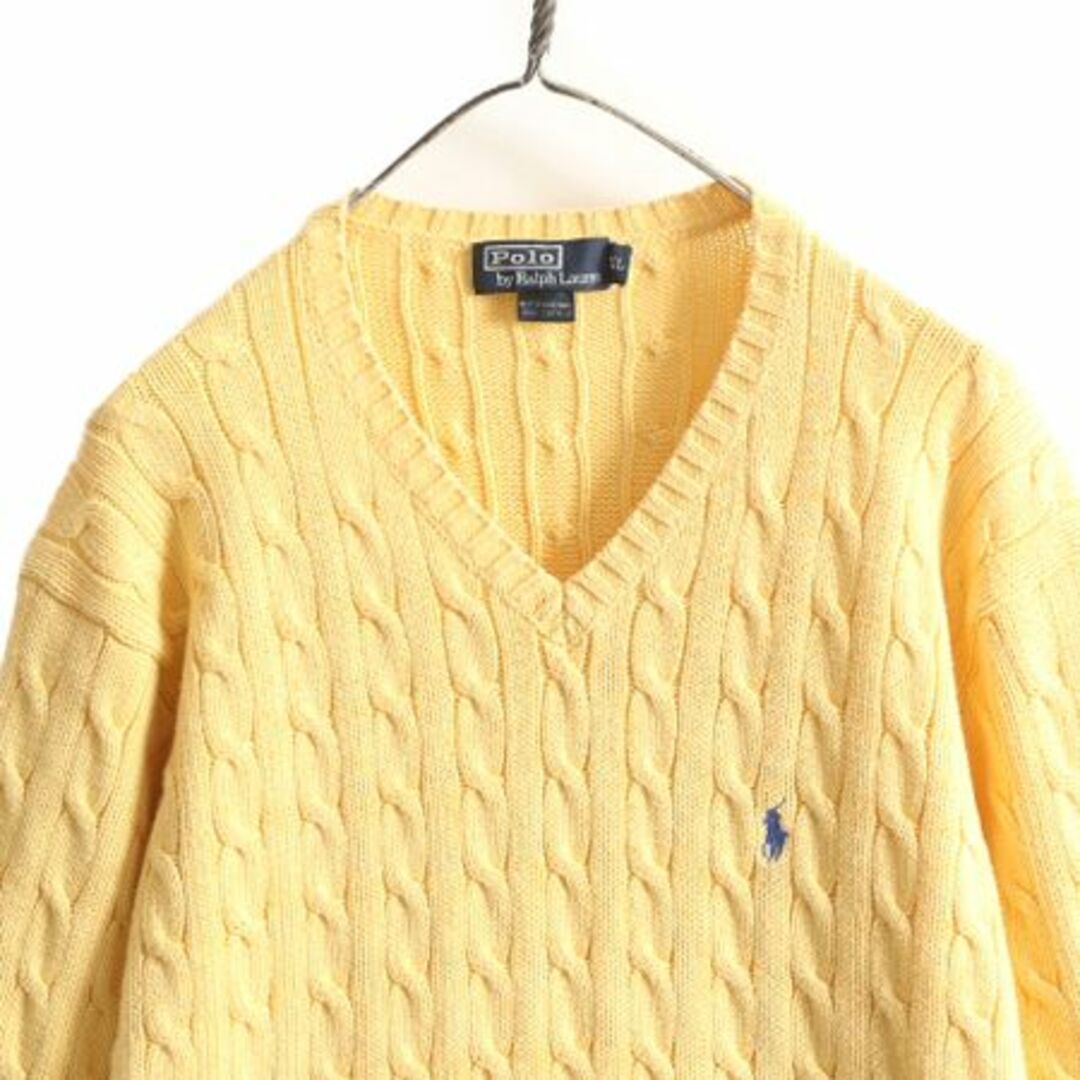 Ralph Lauren(ラルフローレン)の90s ポロ ラルフローレン コットン ケーブル ニット セーター メンズ XL / 90年代 オールド 長袖ニット ポニー刺繍 ワンポイント Vネック メンズのトップス(ニット/セーター)の商品写真