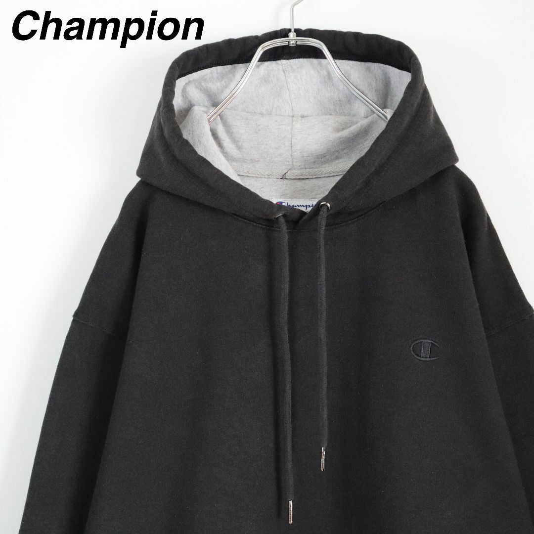 Champion(チャンピオン)の【3XLサイズ】チャンピオン／パーカー　刺繍ロゴ　USA規格　裏起毛　ブラック メンズのトップス(パーカー)の商品写真