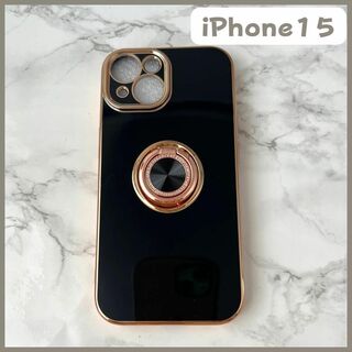 【新品】iPhone15ケース 黒　落下防止リング付き スタンド カバー 韓国(iPhoneケース)