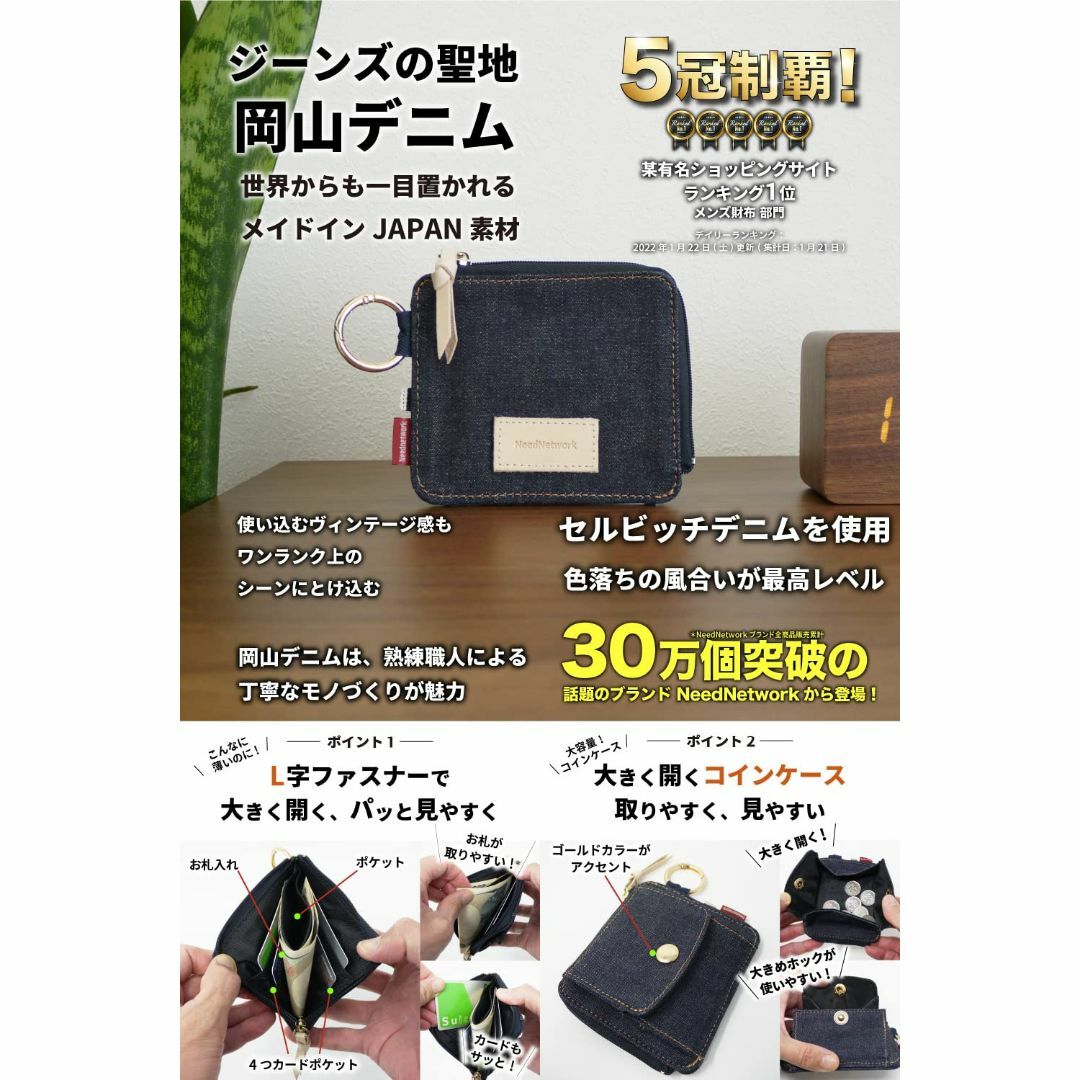 岡山デニム 財布 メンズ レディース L字ファスナー 薄い BOX型 小銭入れ  メンズのバッグ(その他)の商品写真