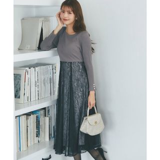 トッコ(tocco)のリボン＆パール付きハイウエスト切り替えレースドッキングワンピース(ロングワンピース/マキシワンピース)