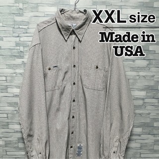 シャツ(shirts)のUSA製　古着　チェックシャツ　XXLサイズ　長袖　ホワイト　グレー　ロング丈(シャツ)