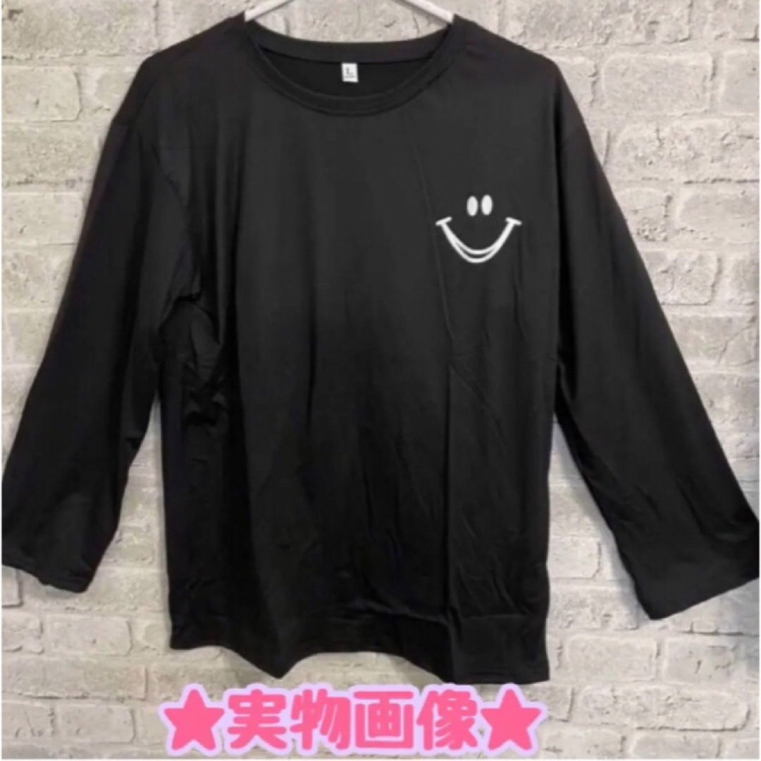 レディース ロンティー スマイル シャツ 長袖 Ｔシャツ 黒 ブラック レディースのトップス(Tシャツ(長袖/七分))の商品写真