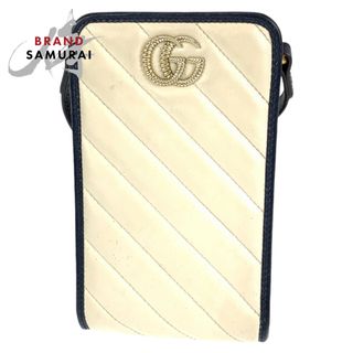 グッチ(Gucci)のGUCCI グッチ GGマーモント ネイビー 紺 アイボリー レザー 627369 ポーチ スマホケース レディース 404908 【中古】(ポーチ)