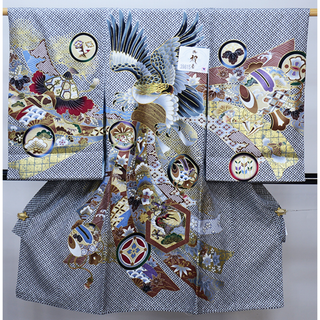 お宮参り 産着 のしめ 男児 正絹 金刺繍 鹿の子 黒地 鷹 NO39815(お宮参り用品)