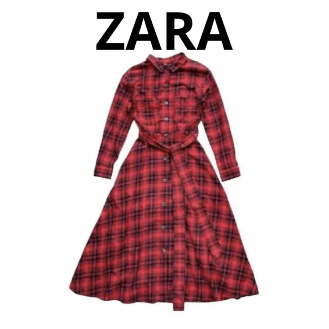 ZARA(ザラ)の＊ ザラ　ワンピース　ロング丈　チェック　赤　黒　レディース　長袖　フォーマル レディースのワンピース(ロングワンピース/マキシワンピース)の商品写真