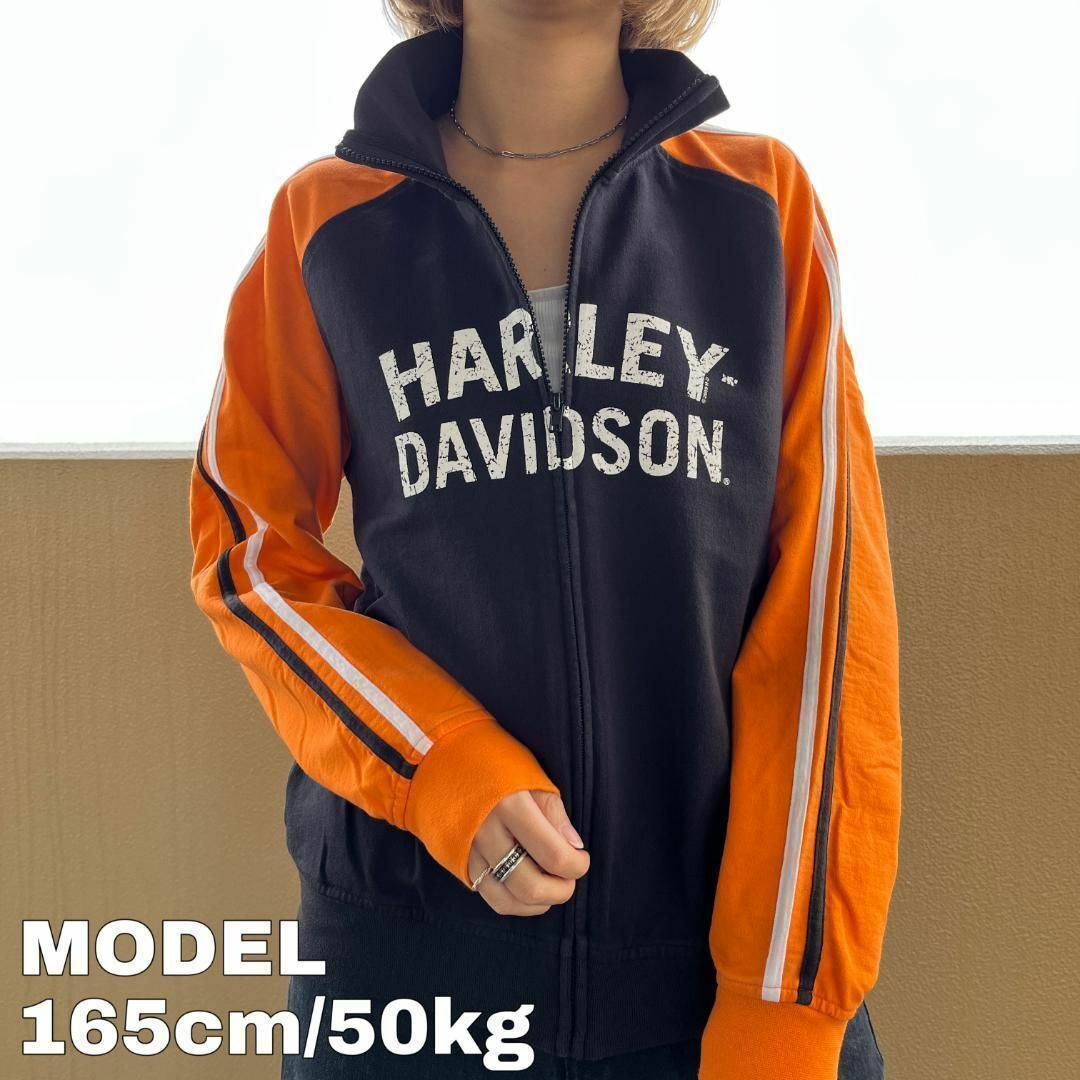 Harley Davidson(ハーレーダビッドソン)のハーレーダビッドソン ジップスウェット ロゴプリント M ブラック 黒 オレンジ レディースのトップス(トレーナー/スウェット)の商品写真