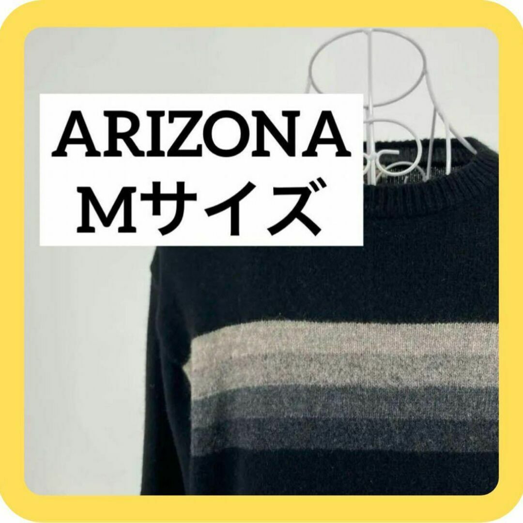 ARIZONA(アリゾナ)のARIZONA Mサイズ　ニット　ウール　ブラック　ボーダー メンズのトップス(ニット/セーター)の商品写真